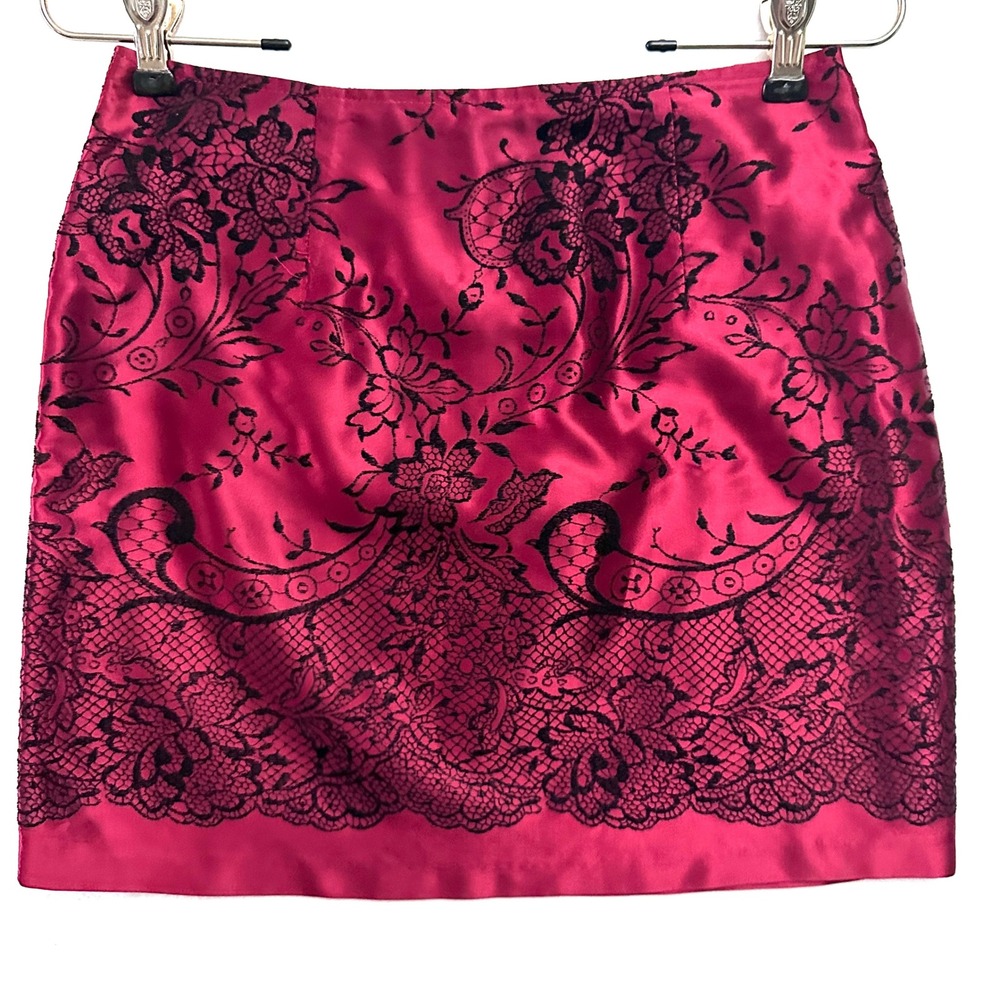 Vintage Y2K 9/10 Satin Flocked Lace Velvet Mini Skirt Burgundy Gothic Vampire